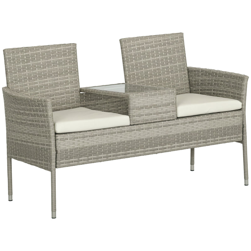 Outsunny Rattan Garden Bench w/ Glass Tea Table, Wicker Chair w/ Cushions