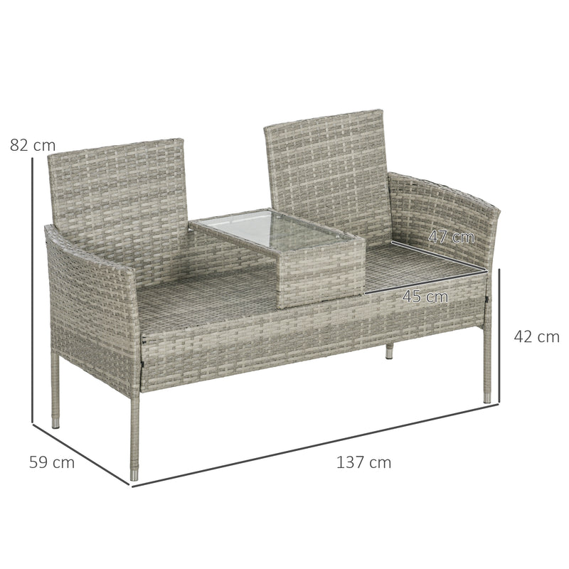 Outsunny Rattan Garden Bench w/ Glass Tea Table, Wicker Chair w/ Cushions