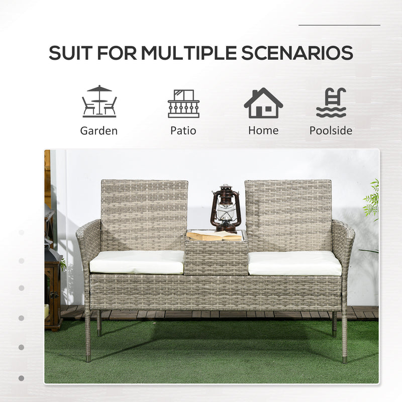 Outsunny Rattan Garden Bench w/ Glass Tea Table, Wicker Chair w/ Cushions