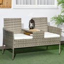 Outsunny Rattan Garden Bench w/ Glass Tea Table, Wicker Chair w/ Cushions