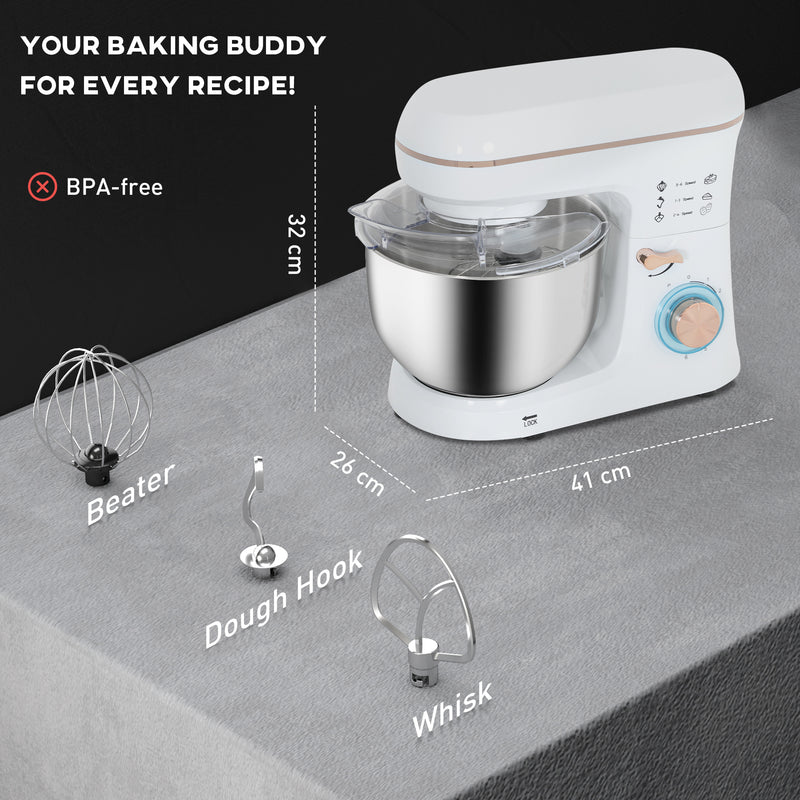 HOMCOM Electric Stand Mixer, 5L Food Mixer with Dough Hook, Whisk