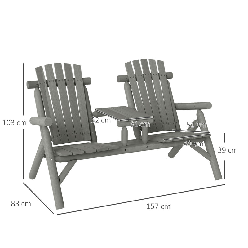 Outsunny Wood Patio Bench 2 Seats w/ Centre Coffee Table, Grey