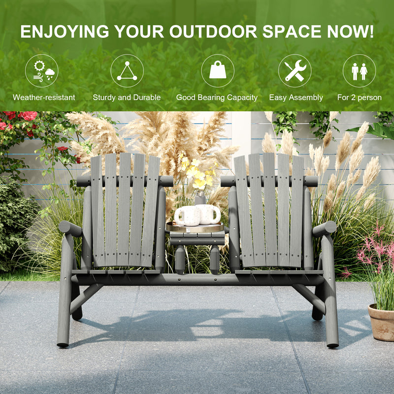 Outsunny Wood Patio Bench 2 Seats w/ Centre Coffee Table, Grey