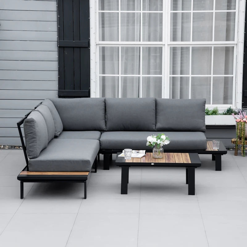 Outsunny Garden Corner Sofa with Table and Side Tables Black