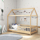 HOMCOM House-Shaped Kids Bed Frame Solid Pine Wood with Guard Rails, Natural
