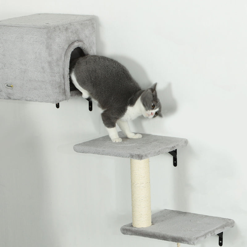 PawHut 6-Piece Cat Wall Shelves Set, Cat Wall Furniture with Condo, Grey