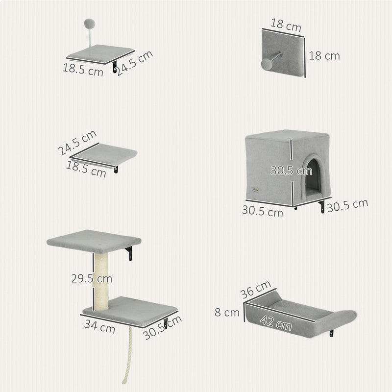 PawHut 6-Piece Cat Wall Shelves Set, Cat Wall Furniture with Condo, Grey