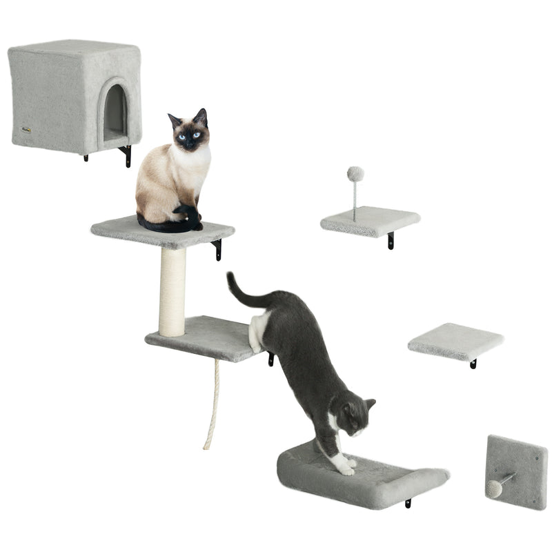 PawHut 6-Piece Cat Wall Shelves Set, Cat Wall Furniture with Condo, Grey