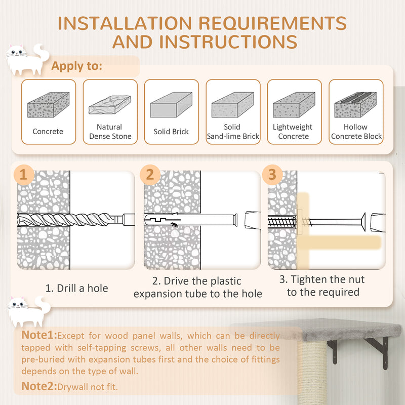 PawHut 6-Piece Cat Wall Shelves Set, Cat Wall Furniture with Condo, Grey