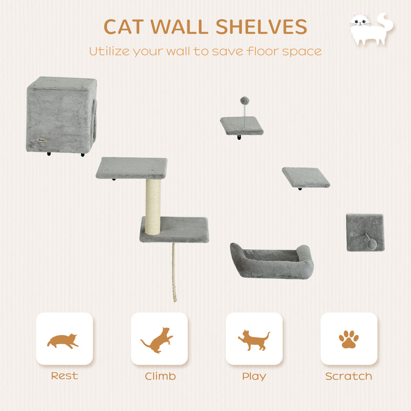 PawHut 6-Piece Cat Wall Shelves Set, Cat Wall Furniture with Condo, Grey