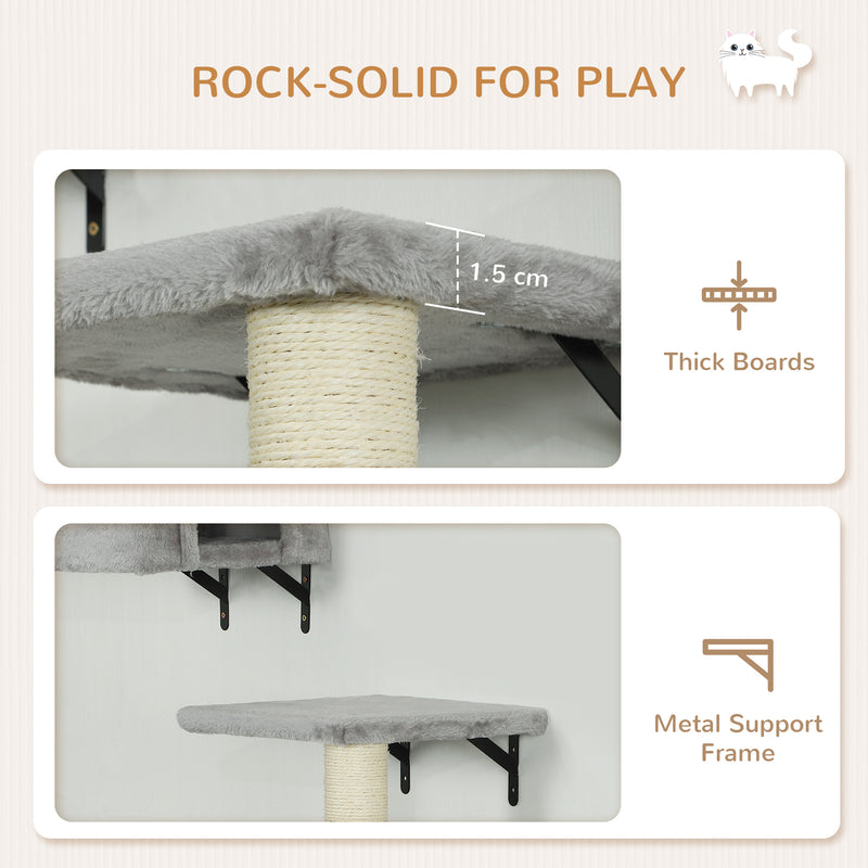 PawHut 6-Piece Cat Wall Shelves Set, Cat Wall Furniture with Condo, Grey