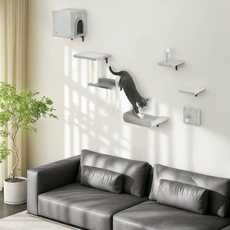 PawHut 6-Piece Cat Wall Shelves Set, Cat Wall Furniture with Condo, Grey