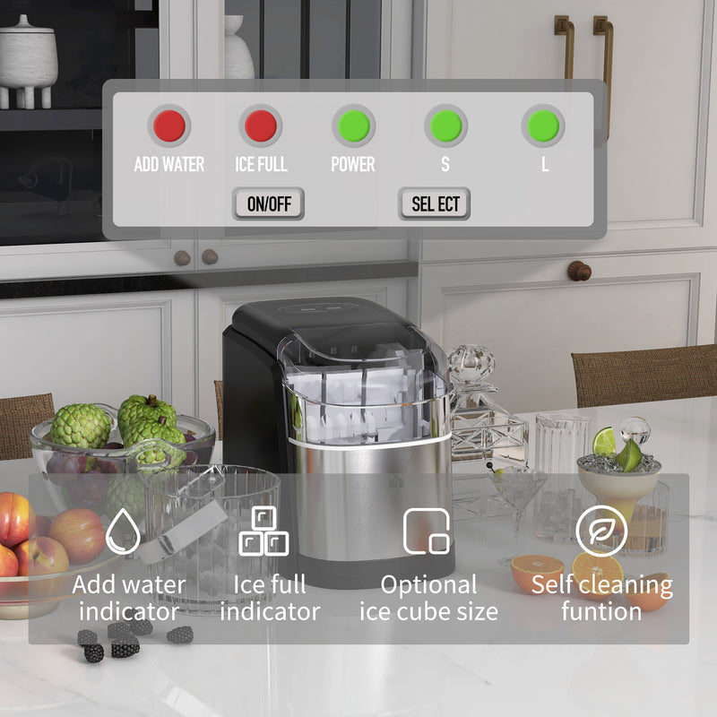 HOMCOM Portable Ice Cube Maker w/ 2 Cube Sizes 12Kg/24 Hrs, 9 Cubes/ 6-12Mins