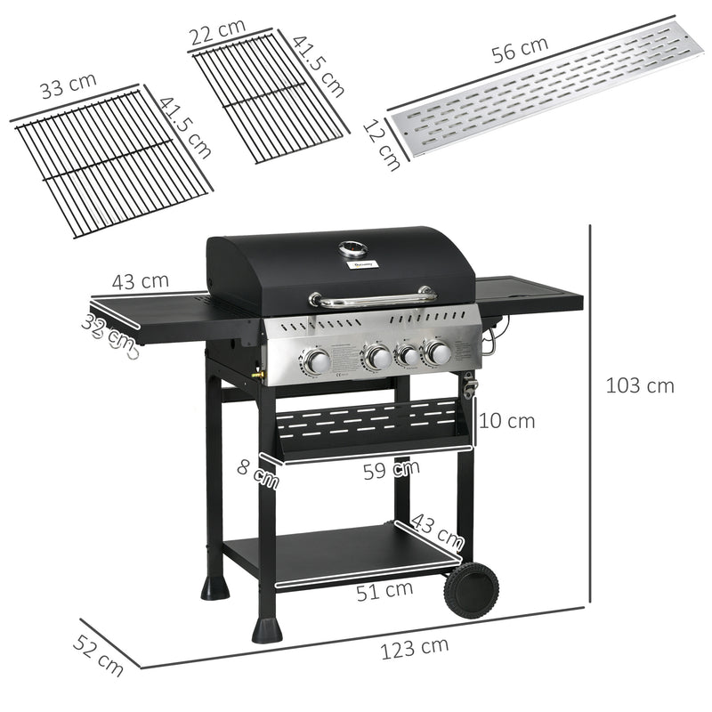 Outsunny 3+1 Burner Propane Gas Barbecue Grill with Thermometer, Bottle Opener