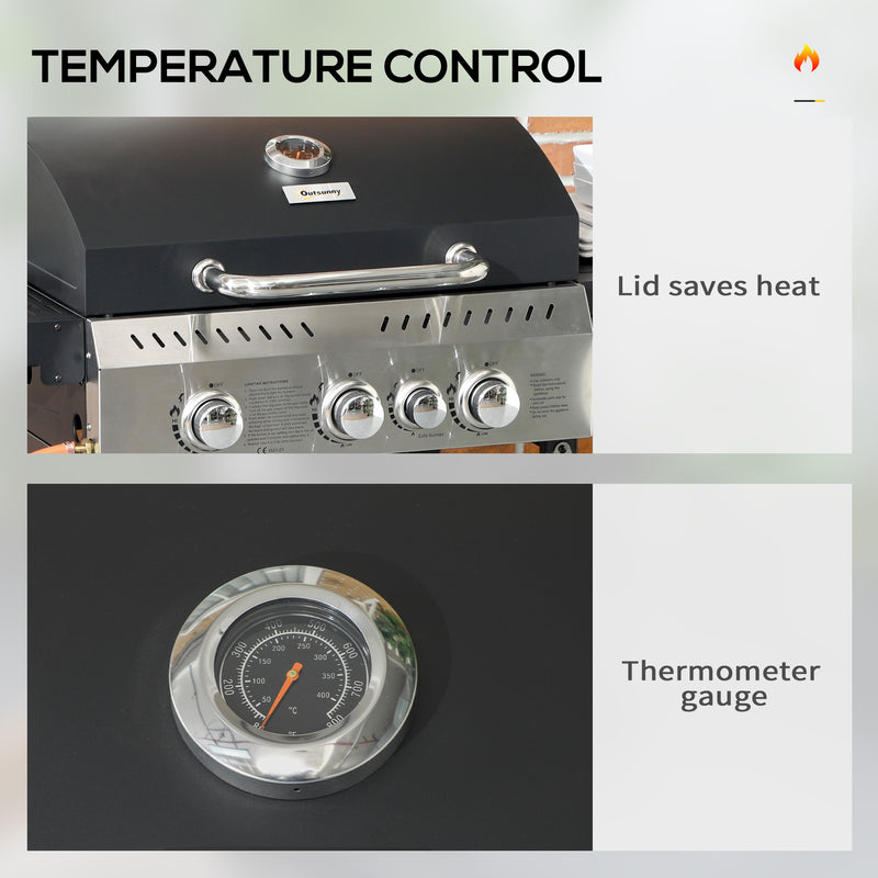 Outsunny 3+1 Burner Propane Gas Barbecue Grill with Thermometer, Bottle Opener