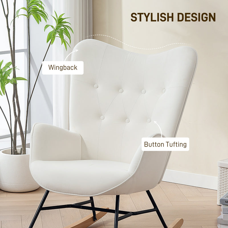 HOMCOM Upholstered Velvet Rocking Chair with Solid Wood Legs, Cream