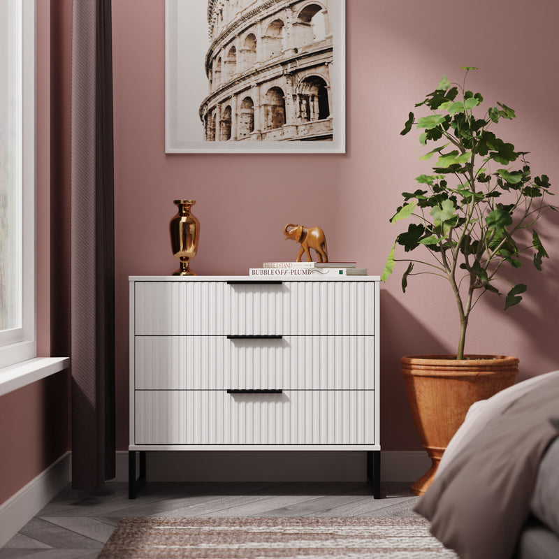 Fluted 3 Drawer Chest in White Matt - Ready Assembled