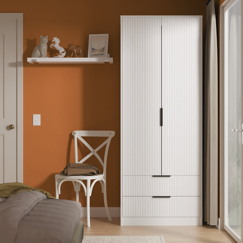 Fluted 2 Drawer Double Wardrobe in White Matt - Ready Assembled