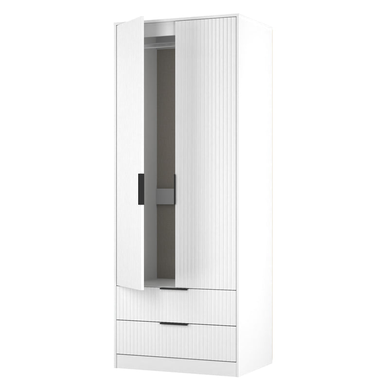 Fluted 2 Drawer Double Wardrobe in White Matt - Ready Assembled