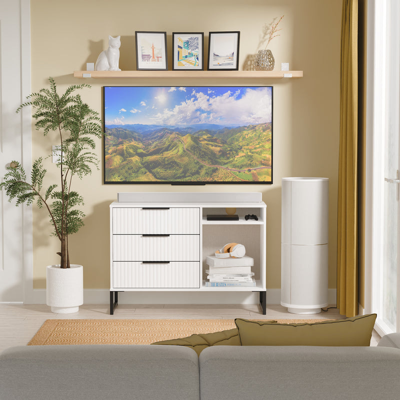 Fluted 3 Drawer TV Unit in White Matt - Ready Assembled