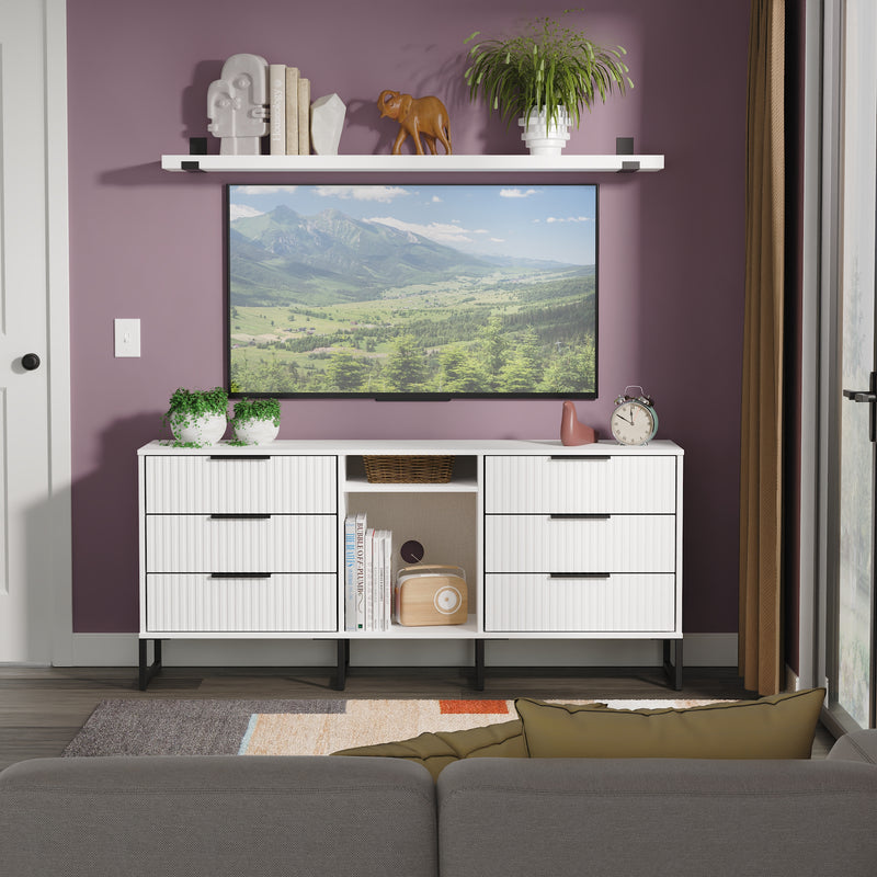 Fluted 6 Drawer Sideboard in White Matt - Ready Assembled