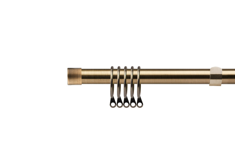 Full Stop - Extendable Curtain Pole with rings and pair of end finials in Antique Brass