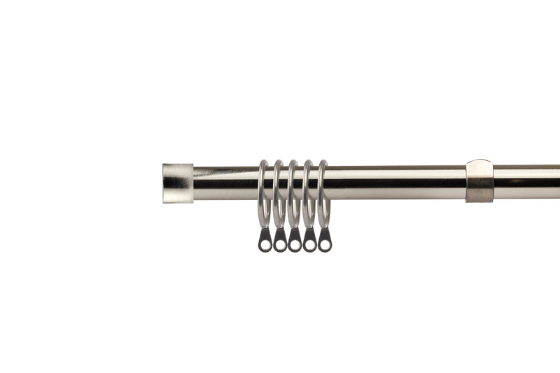 Full Stop - Extendable Curtain Pole with rings and pair of end finials in Brushed Silver