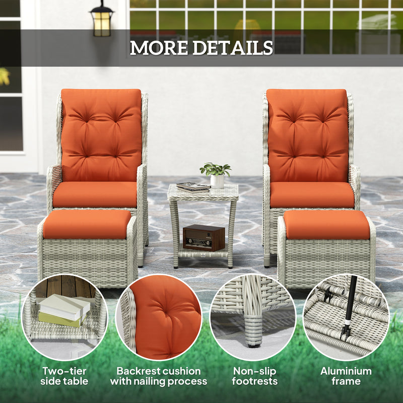 Outsunny Recliner Rattan Garden Furniture W/ Two-tier Table, Orange
