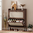 HOMCOM Boho Narrow Shoe Cabinet, Shoe Rack with 2 Flip Drawers, Dark Brown