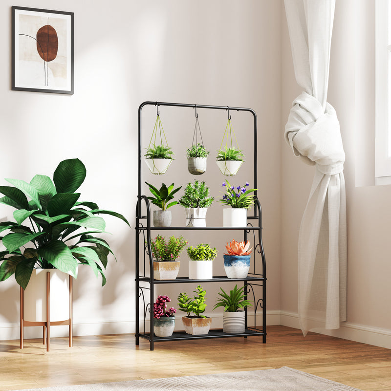 Outsunny 3 Tier Plant Stand w/ Hanging Hooks for Balcony Living Room, Black