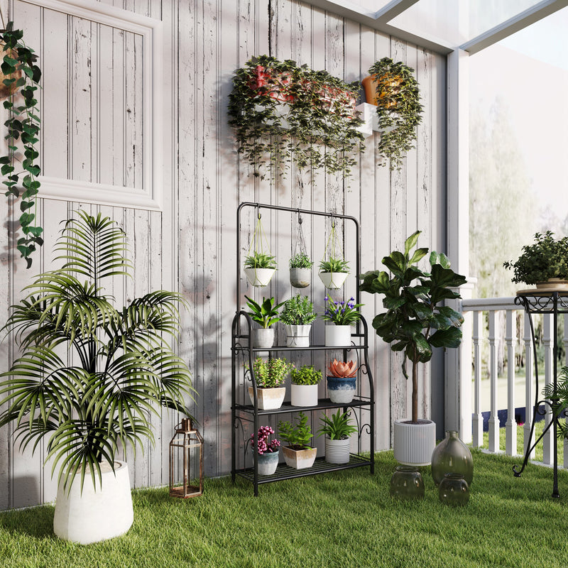 Outsunny 3 Tier Plant Stand w/ Hanging Hooks for Balcony Living Room, Black