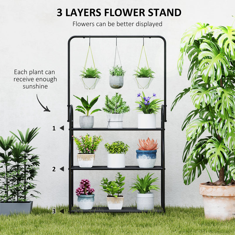 Outsunny 3 Tier Plant Stand w/ Hanging Hooks for Balcony Living Room, Black