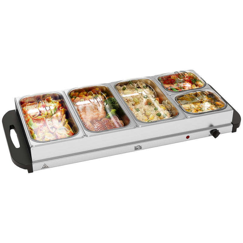 HOMCOM Electric Food Warmer 5 Tray, 9.2L Buffet Server with Lids, Silver Tone