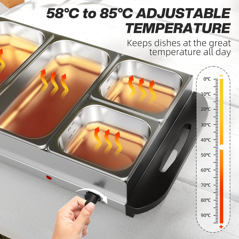 HOMCOM Electric Food Warmer 5 Tray, 9.2L Buffet Server with Lids, Silver Tone