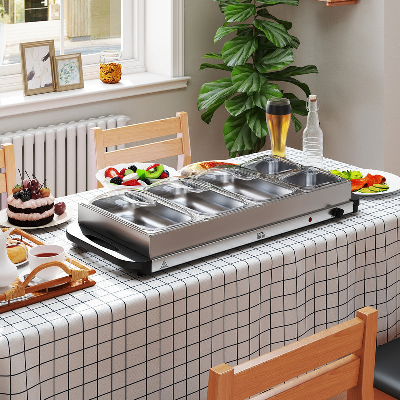 HOMCOM Electric Food Warmer 5 Tray, 9.2L Buffet Server with Lids, Silver Tone