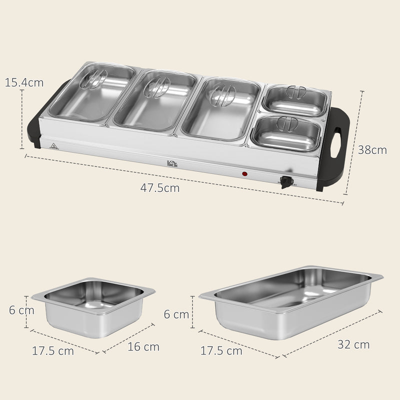 HOMCOM Electric Food Warmer 5 Tray, 9.2L Buffet Server with Lids, Silver Tone