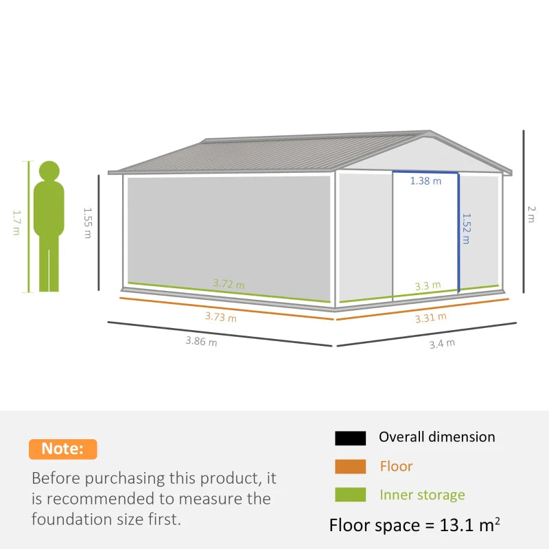 Outsunny Metal Shed 13 x 11ft - Light Grey