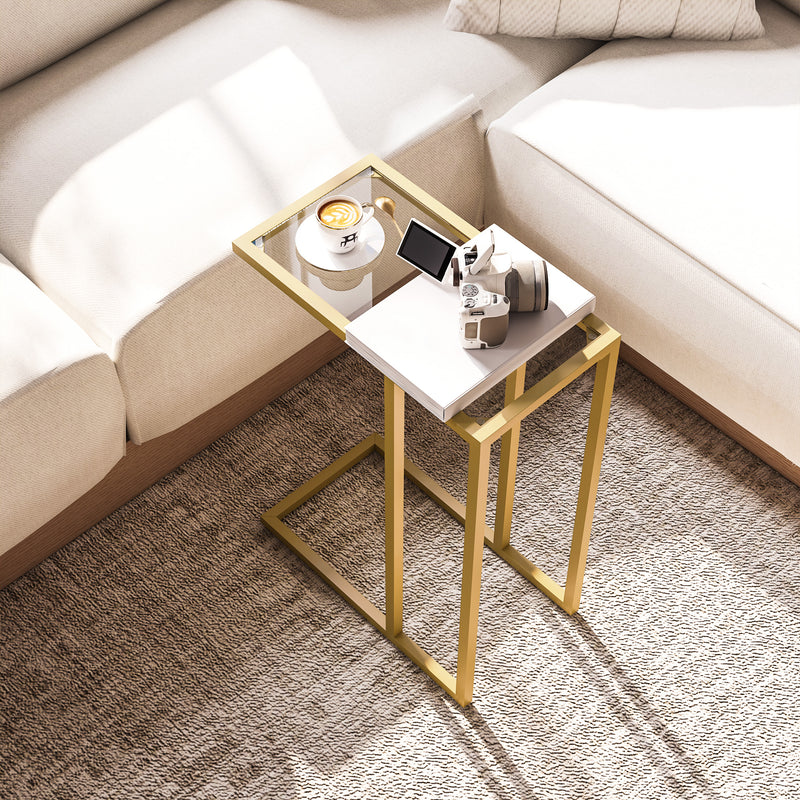 HOMCOM C-Shaped Side Table, End Table with Tempered Glass Tabletop, Gold