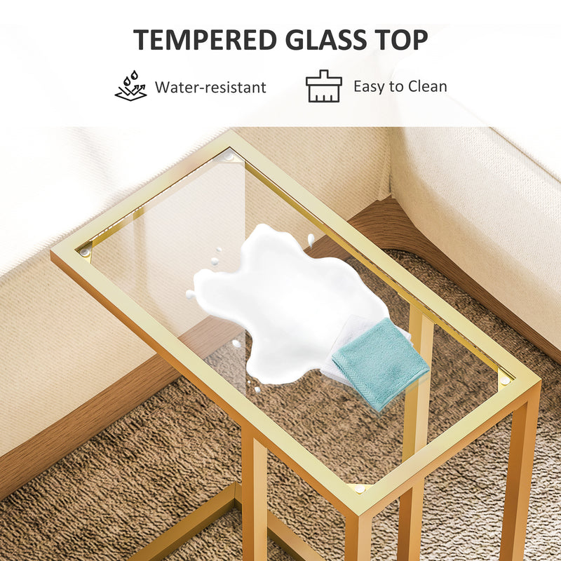 HOMCOM C-Shaped Side Table, End Table with Tempered Glass Tabletop, Gold