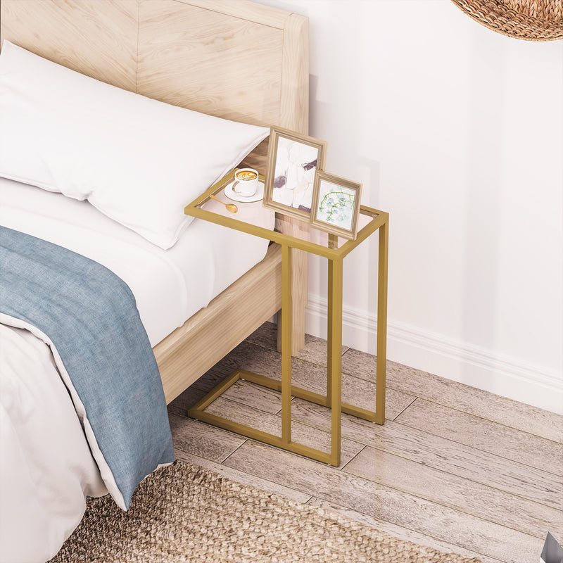 HOMCOM C-Shaped Side Table, End Table with Tempered Glass Tabletop, Gold
