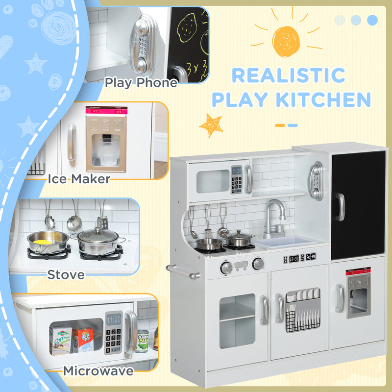 AIYAPLAY Play Kitchen, Pretend Toy Kitchen with Toy Phone, Chalkboard, White