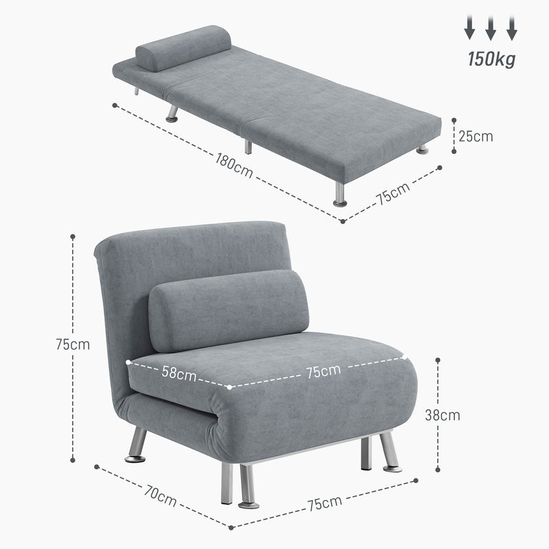 HOMCOM Single Folding 5 Position Convertible Sleeper Chair Sofa Bed Grey
