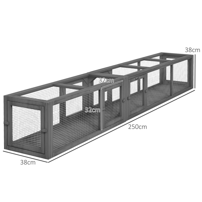 PawHut Cat Tunnel, 250cm Extra Long Wooden Cat Play Tunnel with 8 Doors Grey