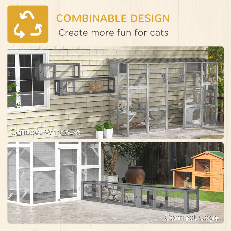 PawHut Cat Tunnel, 250cm Extra Long Wooden Cat Play Tunnel with 8 Doors Grey