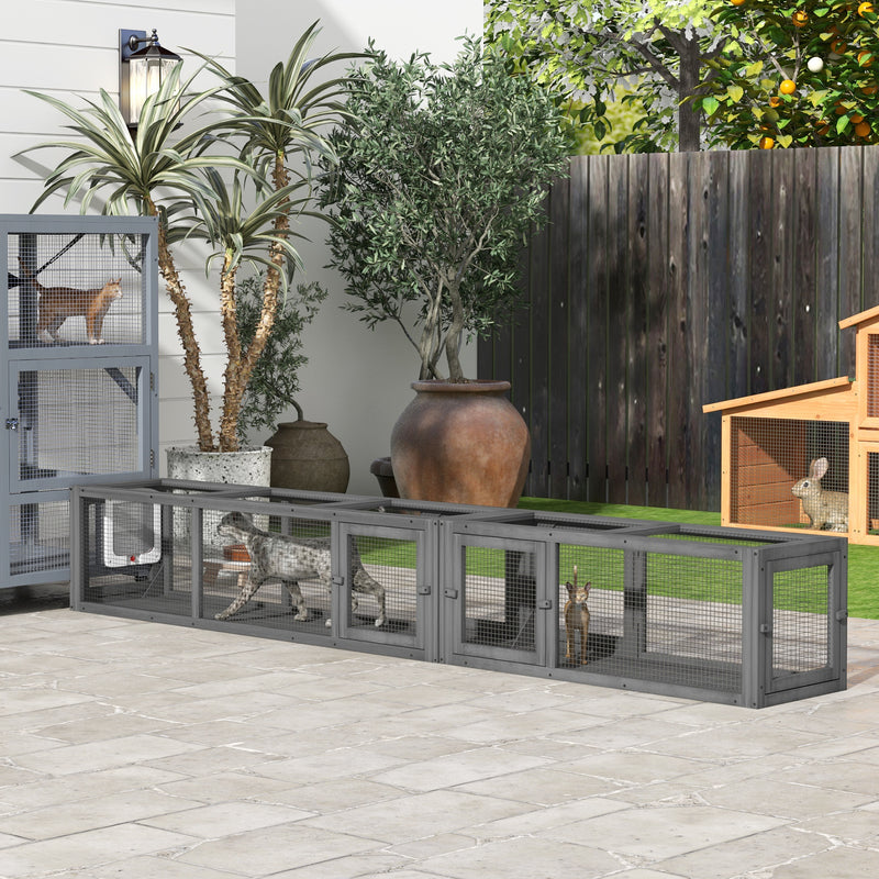 PawHut Cat Tunnel, 250cm Extra Long Wooden Cat Play Tunnel with 8 Doors Grey
