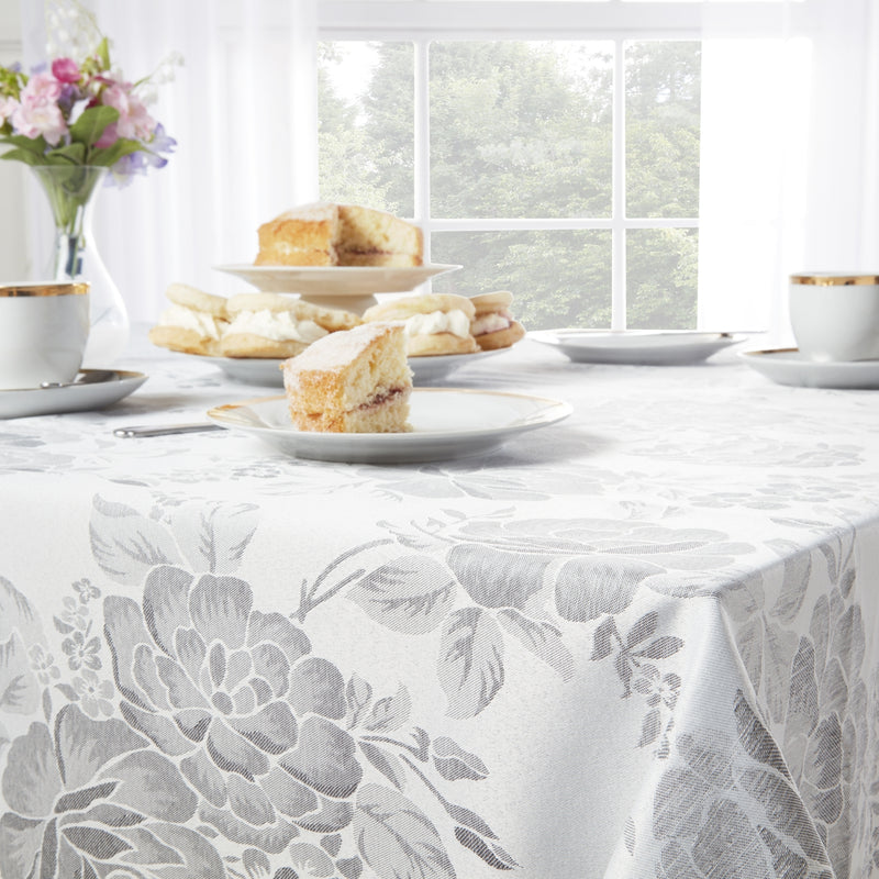 Grace Floral Jacquard Table Cloth Sateen Damask Table Cloth with a Subtle Jacquard Design in Silver