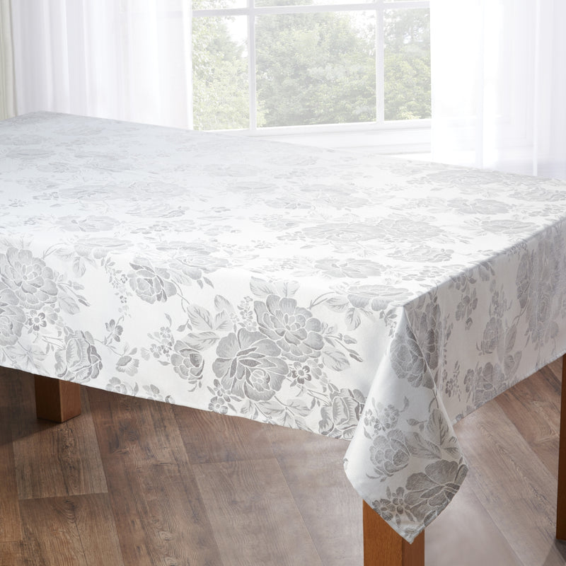 Grace Floral Jacquard Table Cloth Sateen Damask Table Cloth with a Subtle Jacquard Design in Silver