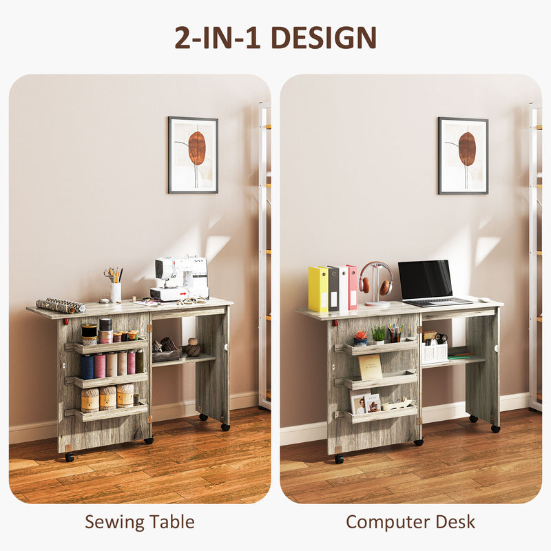HOMCOM Folding Sewing Table Rolling Craft Table with Drop Leaf Wheels
