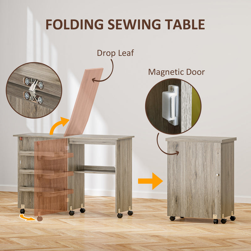 HOMCOM Folding Sewing Table Rolling Craft Table with Drop Leaf Wheels