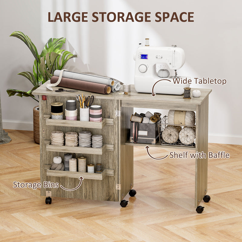 HOMCOM Folding Sewing Table Rolling Craft Table with Drop Leaf Wheels